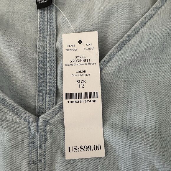 White House Black Market Bell Sleeve Blouse Womens Size 12 Denim Top Preppy Boho - Picture 6 of 14